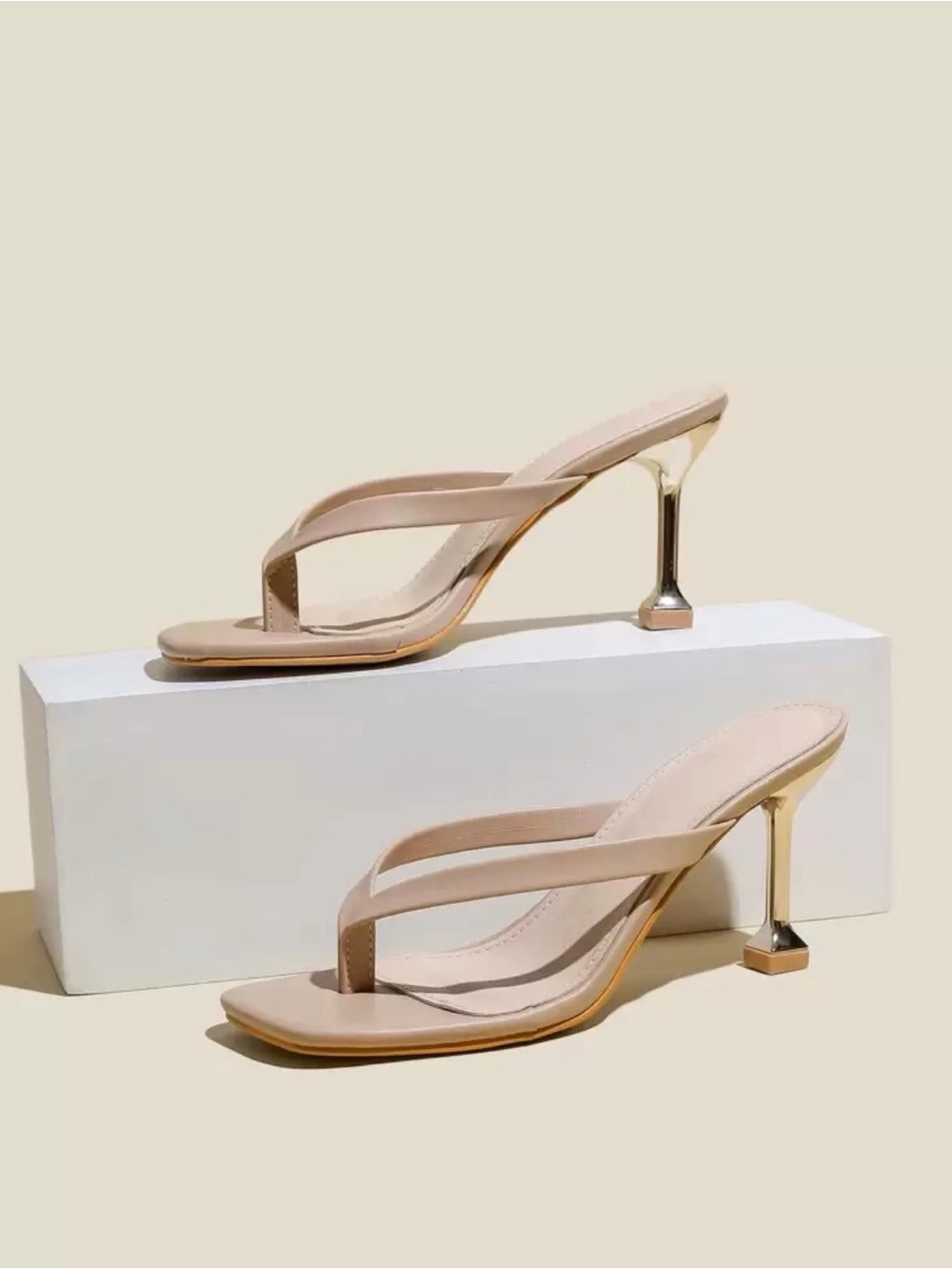 Nude Square Toe Gold Heel Thong Mules